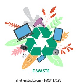 Electronic waste.  Recycling symbol with discarded electrical and electronic devices. Isolated on a white background. Vector illustration in flat style.