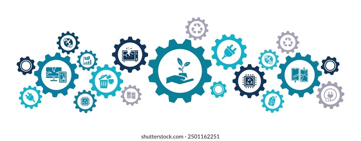 Electronic waste recycling vector illustration. Concept with connected icons related to e-waste, responsible disposal of old electronics, phones, equipment, recyclable resources in electrical scrap.