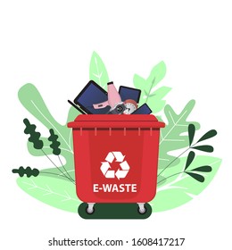 Electronic waste in red recycling bin with discarded electrical and electronic devices. Isolated on a white background. Vector illustration in flat style.