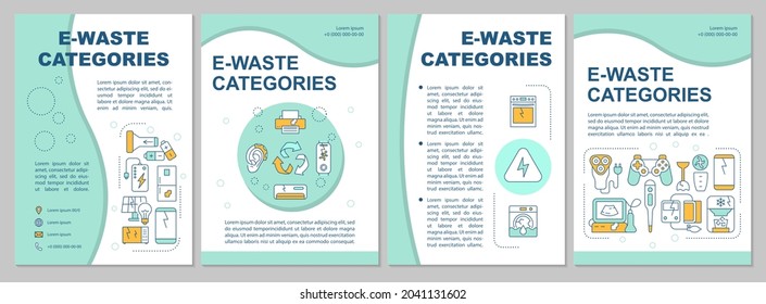 Plantilla de folleto sobre los tipos de desechos electrónicos. Aparatos domésticos usados. Volante, folleto, folleto impreso, diseño de portada con iconos lineales. Diseños vectoriales para presentación, informes anuales, páginas publicitarias