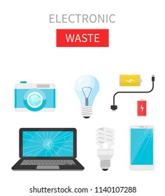 Electronic waste vector illustration. Home devices - laptop, lamp, smartphone, camera, battery, wires. Recycling ecology problem isolate on white background objects collection. 