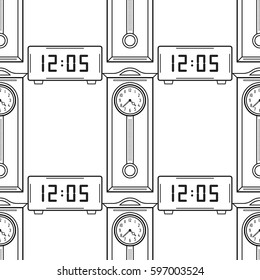 Electronic watch and grandfather clock, flat linear objects. Black and white seamless pattern for coloring book, page.
