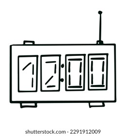 Reloj electrónico, dial cuadrado grande, cronómetro. Ilustraciones matutinas del doodle vectorial aisladas en blanco para diseño de volante, ilustración de libro, tarjetas de año nuevo.