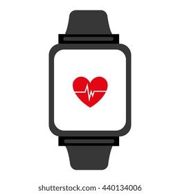 electronic watch with media screen and heart beats  front view over isolated background,vector illustration