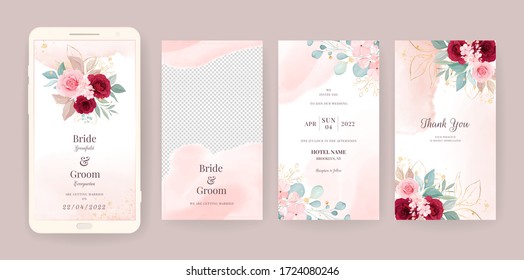 Plantilla electrónica de la tarjeta de invitación de boda con fondo floral y acuarela. Flores ilustración de historias en medios sociales, salva la fecha, saludo, rsvp, gracias