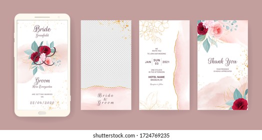 Electronic wedding invitation card template set with floral and watercolor background. Flowers illustration for social media stories, save the date, greeting, rsvp, thank you