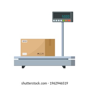 Electronic weight scale for cargo. Industrial scale for parcel box. Balance machine for weigh of box. Weight platform equipment for package with goods, shipping, warehouse. Service of measure. Vector.