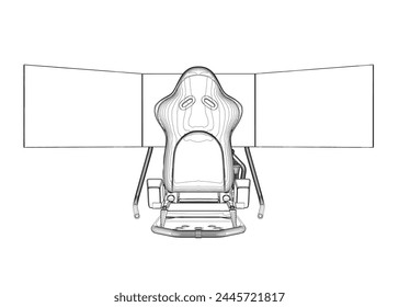 Elektronische Musik Radtechnologie für Computerspiel, Vektorillustration. In: Race Gaming Simulator Contour. Lernen Sie, mit dem Spielrad zu fahren. Fahrschule, Simulation Fahrstunde. Autorennen Video Spiel