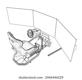 Electronic wheel technology for computer game, vector illustration. Race gaming simulator contour. Learn to drive with gaming wheel. Driving school, simulation driving lesson. Car racing video game