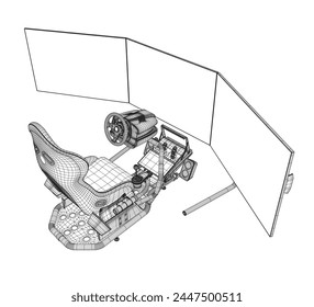 Electronic wheel technology for computer game, vector illustration. Race gaming simulator contour. Learn to drive with gaming wheel. Driving school, simulation driving lesson. Car racing video game