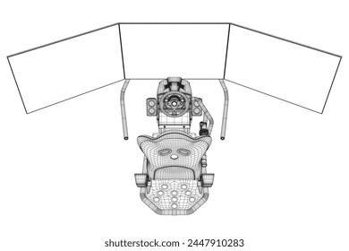 Electronic wheel technology for computer game, vector illustration. Race gaming simulator contour. Learn to drive with gaming wheel. Driving school, simulation driving lesson. Car racing video game