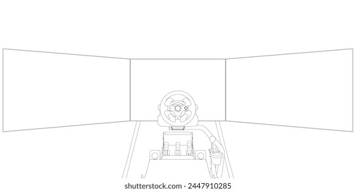 Electronic wheel technology for computer game, vector illustration. Race gaming simulator contour. Learn to drive with gaming wheel. Driving school, simulation driving lesson. Car racing video game