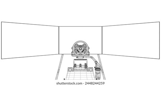 Tecnología de rueda Electrónica para juegos de computadora, Ilustración vectorial. Contorno de simulador de juego de carreras. Aprende a conducir con la rueda de juegos. Escuela de conducción, simulación y lección de conducción. Video Carreras de coches