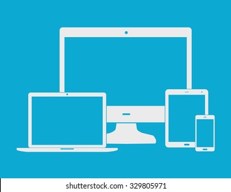 Electronic white devices  - computer monitor, smartphone, tablet, and notebook isolated on blue background