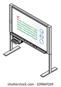 An electronic whiteboard with a printer and colorful markers. Pi to 200 digits is written on the board.