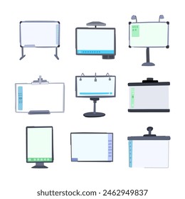 conjunto de pizarra electrónica de dibujos animados. proyector de pantalla, personas interactivas, tablero inteligente tablero electrónico pizarra electrónica signo. símbolo aislado Ilustración vectorial