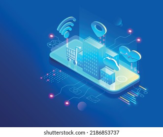 Elektronische Welt im Smartphone. Entwicklung von mobilen Anwendungen per Telefon. Isometrische Vektorgrafik. EPS10