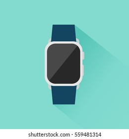 Electronic Wrist Watch Icon On Blue Background. Apple Watch Flat Style. Apple Device Mockup. Long Shadow. Vector Illustration