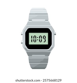 Electronic wristwatch with metal bracelet. Vector color icon for info graphic, poster, web. Isolated on white background.