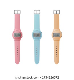 Electronic wristwatch set. Colored flat vector illustration. Isolated on white background.