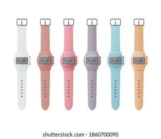 Electronic wristwatch set. Colorful Flat vector illustration. Isolated on white background.