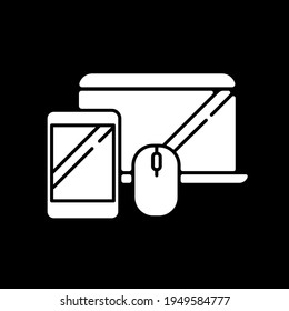 Icono de glifo en modo oscuro de electrónica y accesorios. Ordenadores, dispositivos y gadgets portátiles. Categoría de tienda en línea. Símbolo de silueta blanca en el espacio negro. Ilustración aislada del vector
