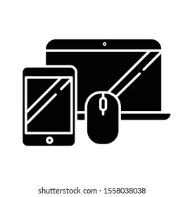 Electronics and accessories glyph icon. Smartphone and laptop. Computers and devices. E commerce department, online shopping categories. Silhouette symbol. Negative space. Vector isolated illustration