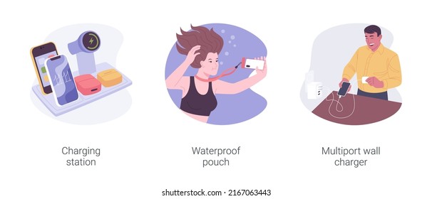 Electronics accessories and supplies isolated cartoon vector illustrations set. Wireless charging station, waterproof pouch, multiport wall charger, modern mobile technology vector cartoon.