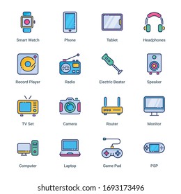 Iconos de línea rellenos de electrones y aparatos: trazo, vectorial