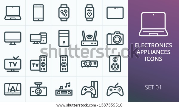Electronics and appliances icons set. Set of\
laptop, smart watch, fitness bracelet, smartphone, tablet, monitor,\
tv box, camera, dvr, game console, gps navigator, video projector,\
adsl modem icons
