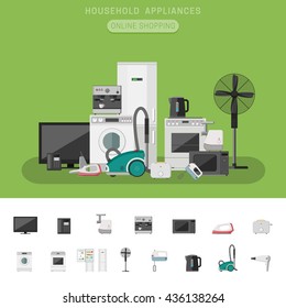 Elektronisches Banner mit Symbolen Mikrowelle, Kaffeemaschine, Waschmaschine, etc. Haushaltsgeräte Vektorflachsymbole.