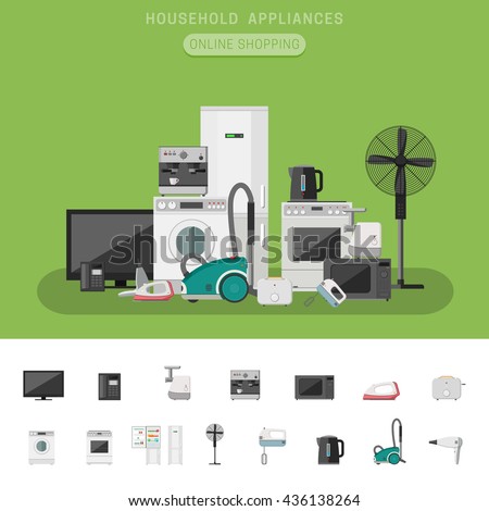 Electronics banner with icons microwave, coffee machine, washing machine, etc. Household appliances vector flat icons.