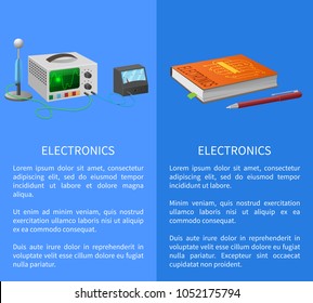 Electronics banner with place for text on blue with textbook, ballpoint pen and various electricity related devices for measuring signals
