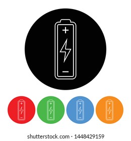 Electronics battery icon black circle design element with an outline style vector battery illustration with four color variations isolated on a white background