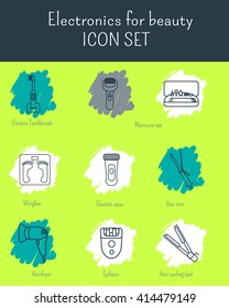 Electronics for beauty, icon set