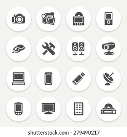 Electronics black icons with buttons on gray background.