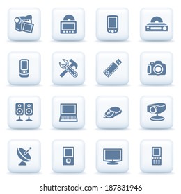 Electronics blue icons on white buttons.