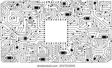 Placa eletrônica em estilo de coloração. Fundo de vetor de placa de circuito de alta tecnologia. Estilo de linha do circuito de inteligência artificial. Inteligência inteligente de rede, tecnologia digital. Processador de microchip futurista