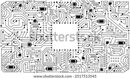 Electronics board in coloring style. High tech circuit board vector background. Artificial intelligence circuit line style. Smart network AI, digital technology. Futuristic microchip processor