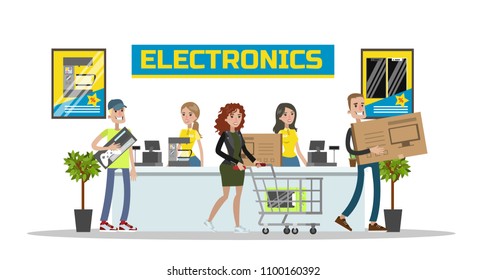 Electronics center mall room interior with customers. Buying home appliances.