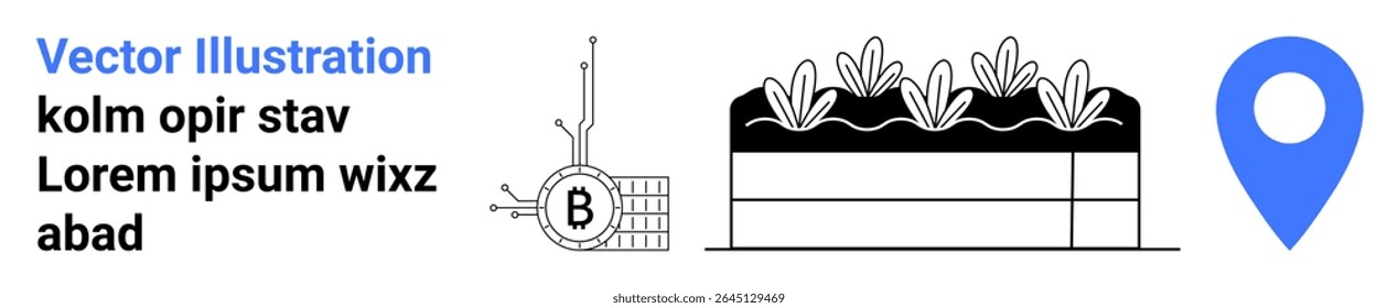 Electronics chip, plant bed with seedlings, and location pin in blue Ideal for technology, agriculture, navigation, education, marketing, web design, and presentations. Landing page