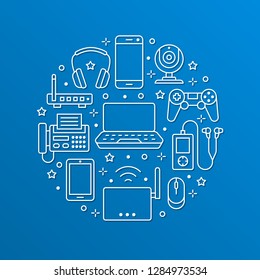 Electronics circle poster with flat line icons. Wifi internet connection technology signs. Smartphone, laptop, fax, headphones, router, keyboard. Vector illustration for devices store brochure.