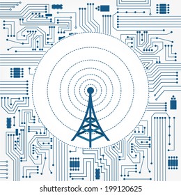 Electronics circuit background with a communication tower in the center. Communication tower and electronics circuit.