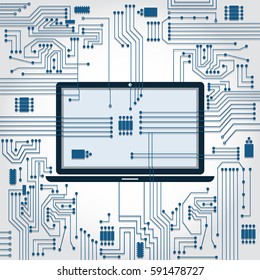 Electronics circuit background connecting to the laptop screen.