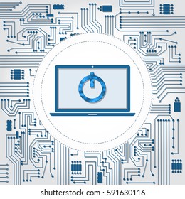 Electronics circuit background. Laptop with on, off button on the screen.