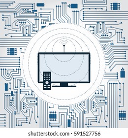 Electronics circuit background. TV with antenna with wave emissions.