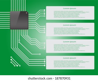 Electronics circuit board green background with micro chip Infographics , Vector illustraion