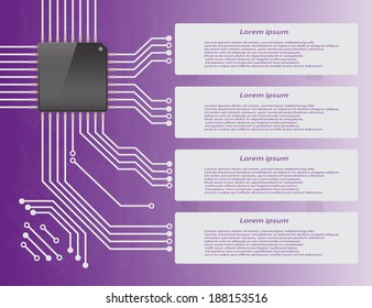 Electronics circuit board purple background with micro chip Info graphics , Vector illustration