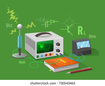 Electronics class isolated vector illustration on green background. Cartoon style textbook, ballpoint pen and various electricity related devices