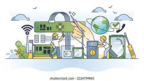 Electronics and communication engineering professional job outline concept. Work with antenna signal and electrical technology for cellular phone and internet vector illustration. Tech occupation.